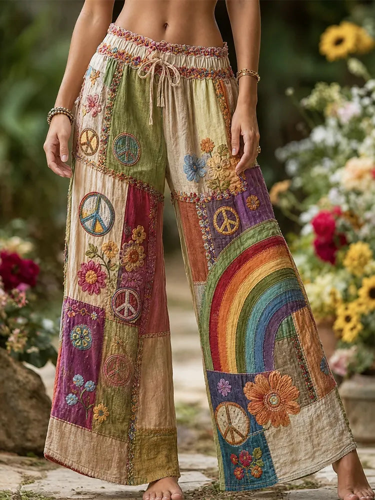 Women's Vintage Style Rainbow Graphic Summer Palazzo Pants